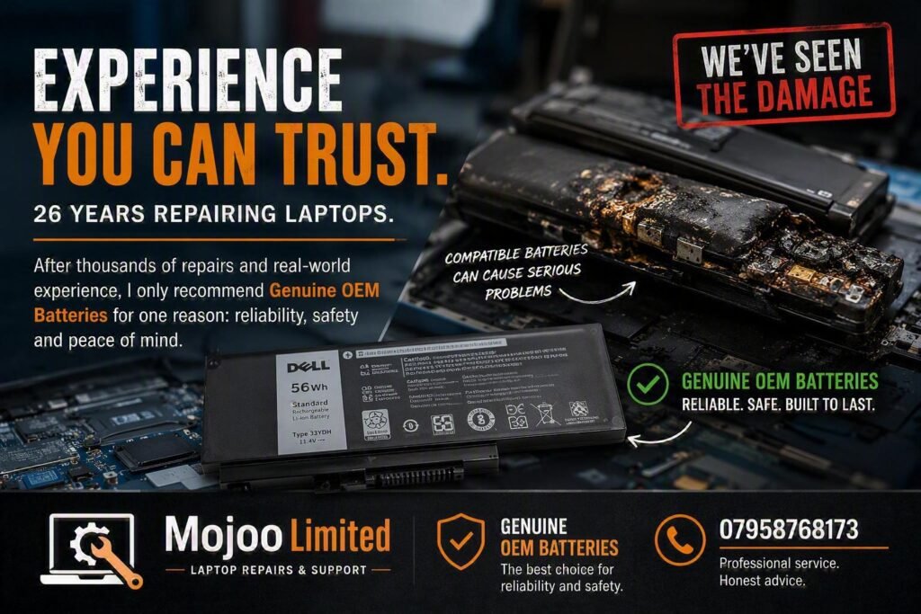Genuine OEM laptop battery next to a damaged, melted aftermarket battery - Mojoo Limited laptop repairs