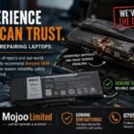 Genuine OEM laptop battery next to a damaged, melted aftermarket battery - Mojoo Limited laptop repairs