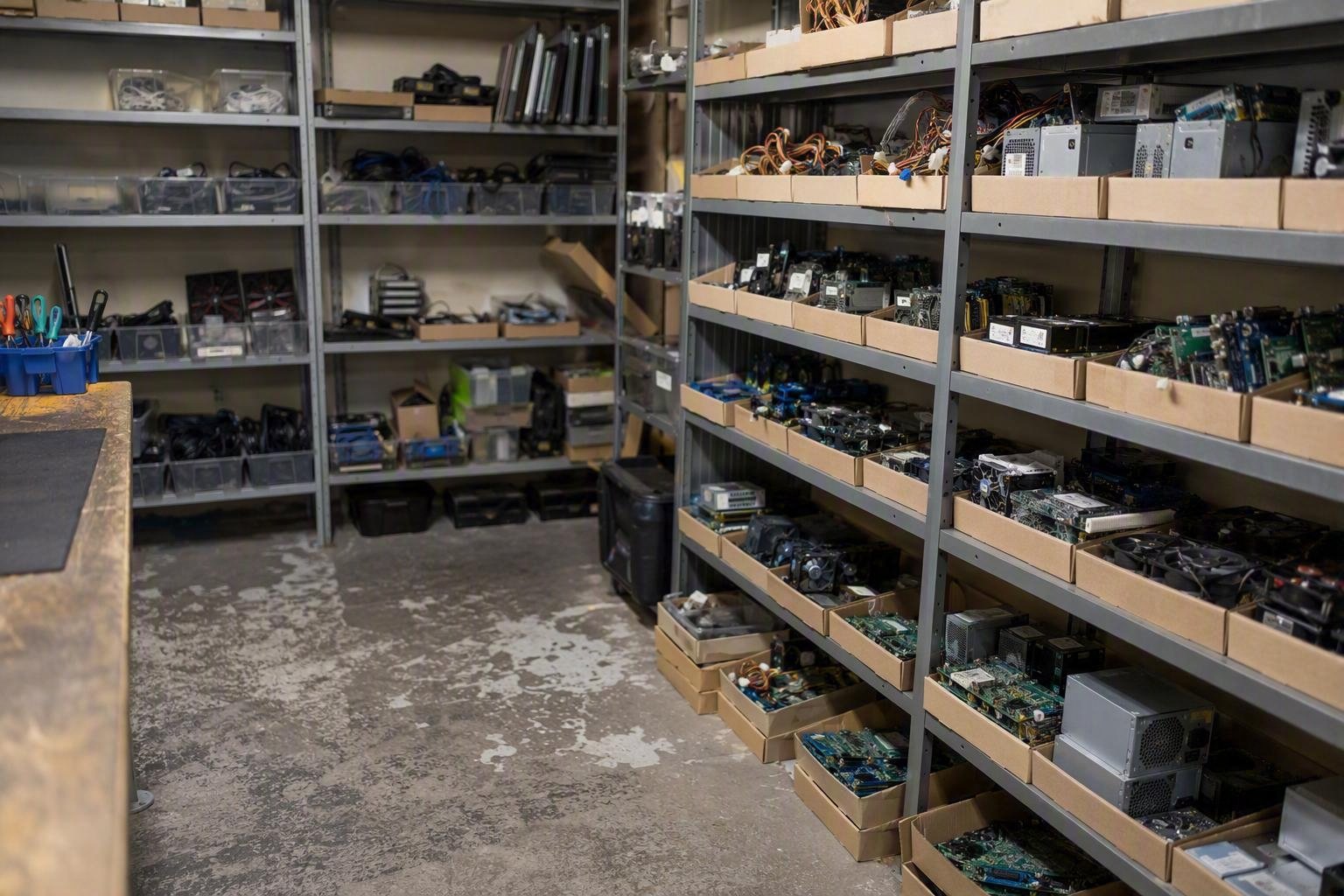 Shelving stacked with computer spare parts in a repair workshop