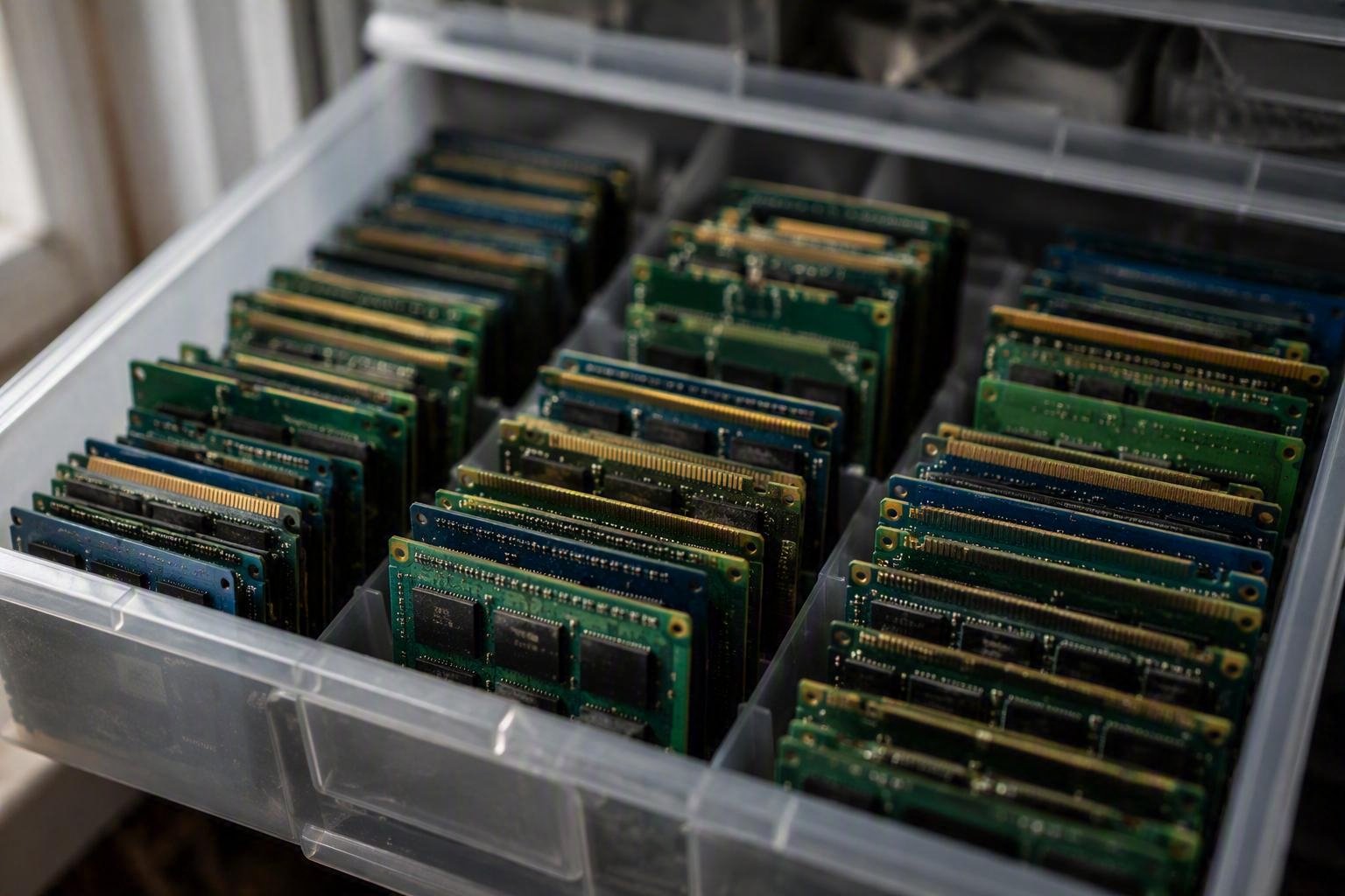 Drawers of SDRAM and DDR memory modules in stock