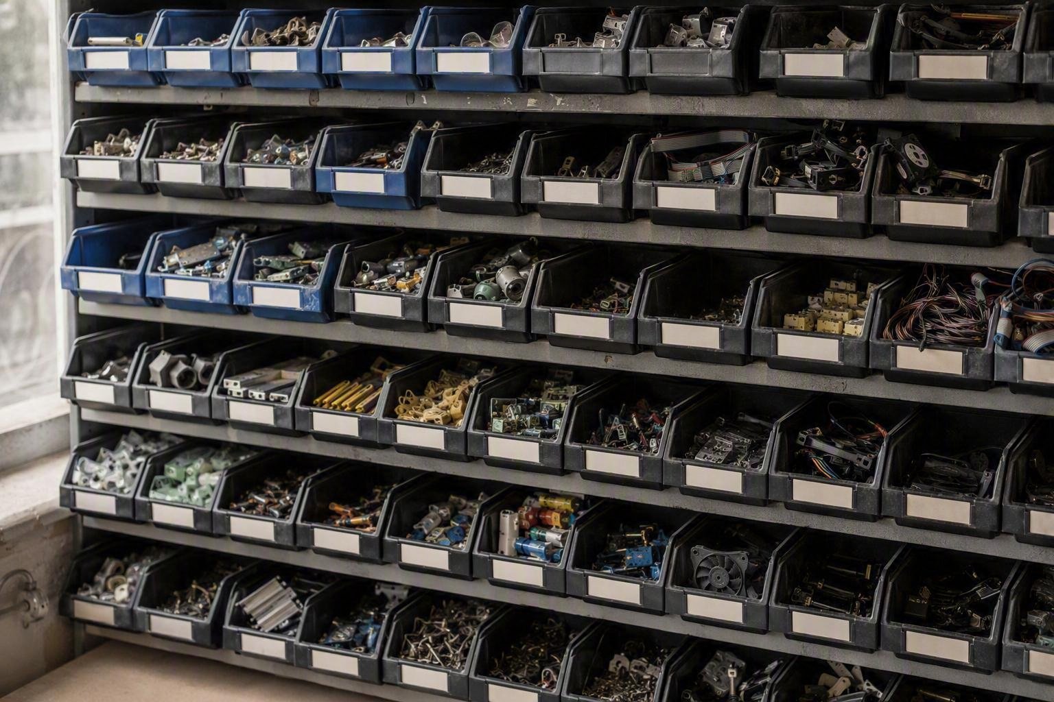 Bins of obsolete computer components and small parts