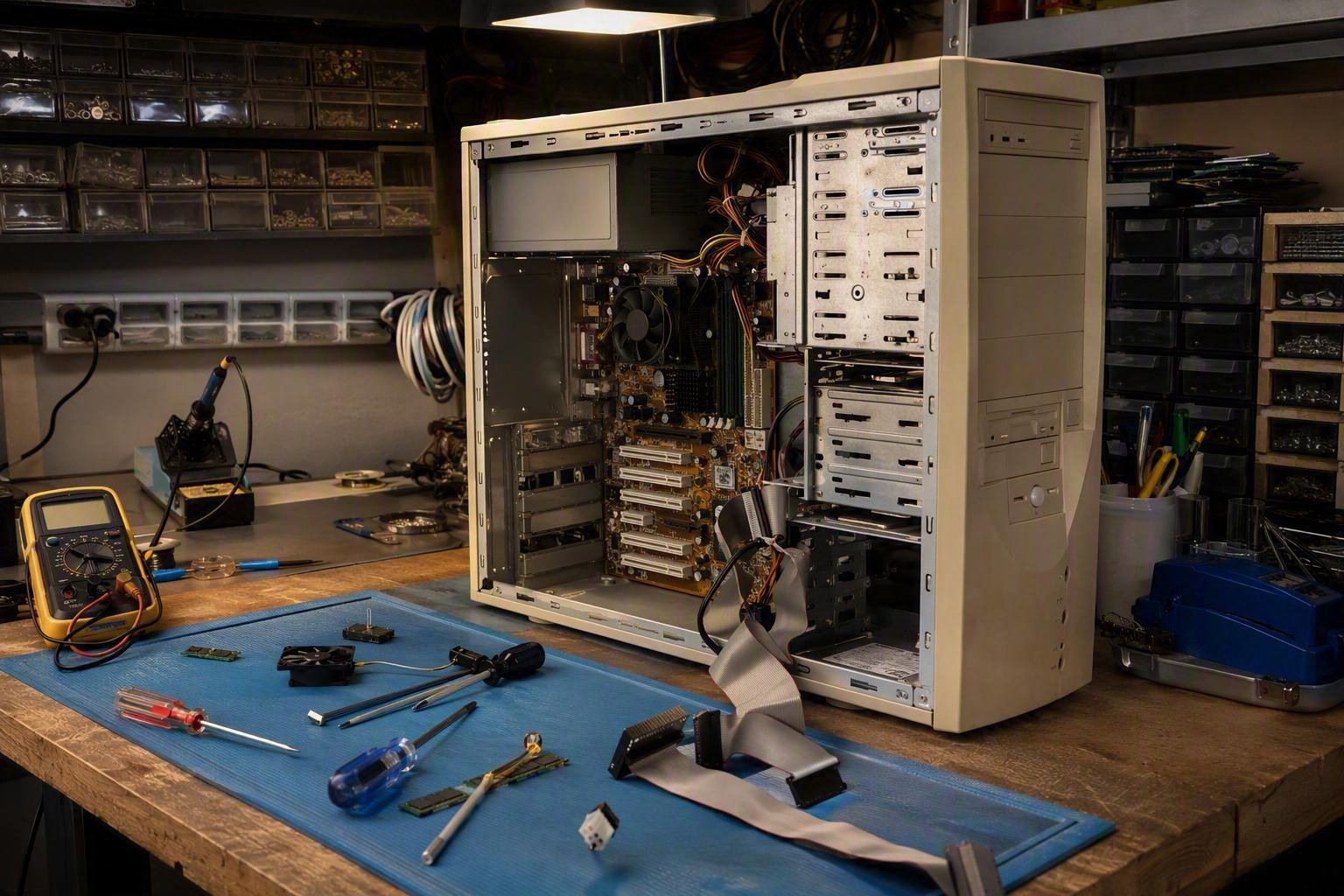 Older desktop PC opened up on a repair workbench